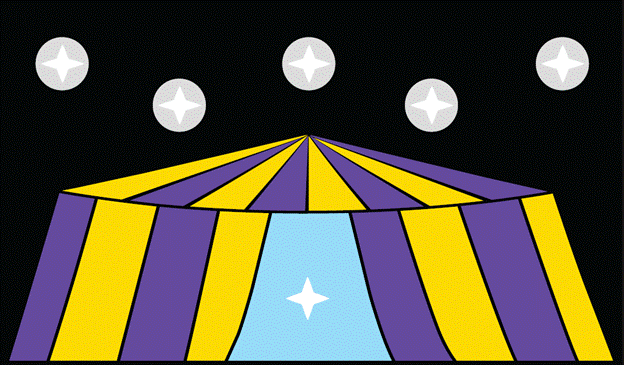A flag depicting a circus tent with purple and yellow stripes. The inside of the tent shows a blue sky with a single star. Above the tent is five silver stars,