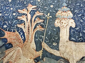 Satan (the dragon; on the left) gives to the beast of the sea (on the right) power represented by a sceptre in a detail of panel III.40 of the medieval French Apocalypse Tapestry, produced between 1377-82.
